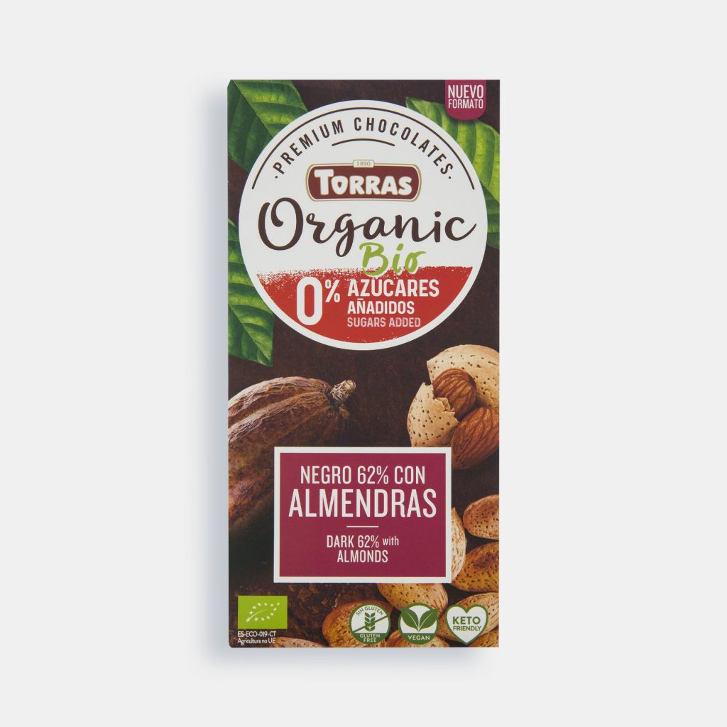 Tumšā šokolāde Torras ar veselām mandelēm 62% Organic Bio