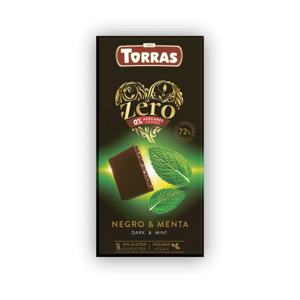 Tumšā šokolāde Torras 72% ar piparmētru bez cukura, 100 g